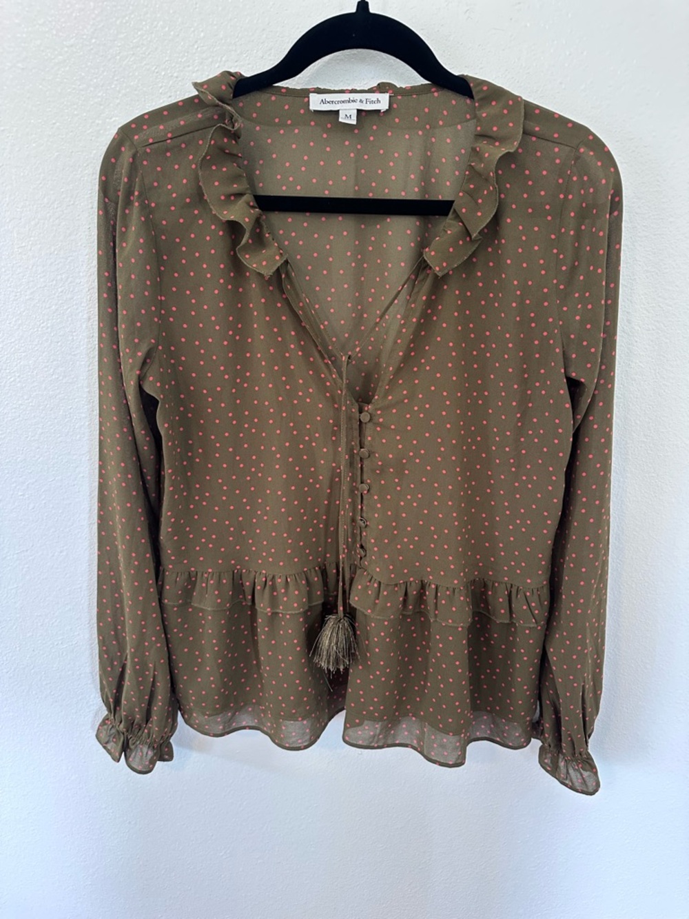 Abercrombie & Fitch Olive Green Blouse with Pink Dot Print and Ruffle Trim